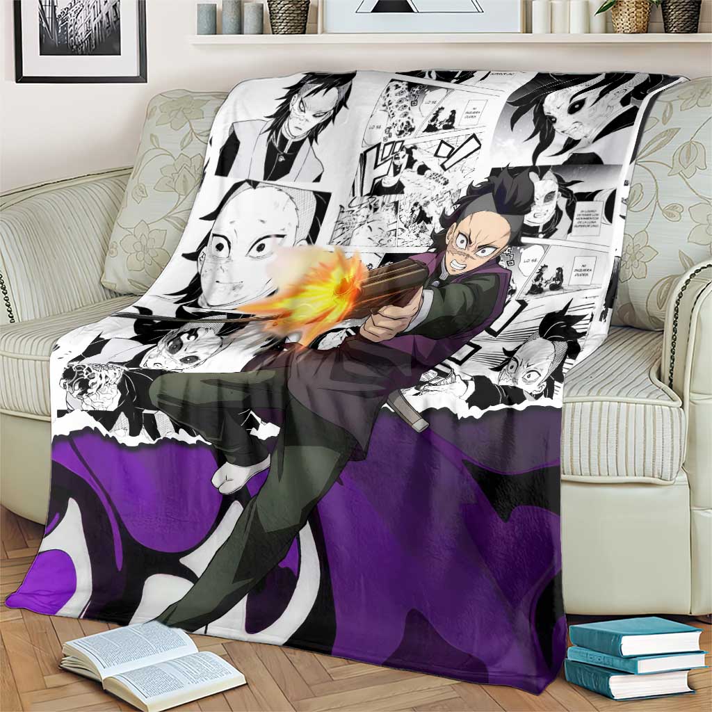 Genya Shinazugawa Demon Slayer Manga Panel Black and White Theme Blanket with Purple Accents and Gun Action Pose - The Mazicc