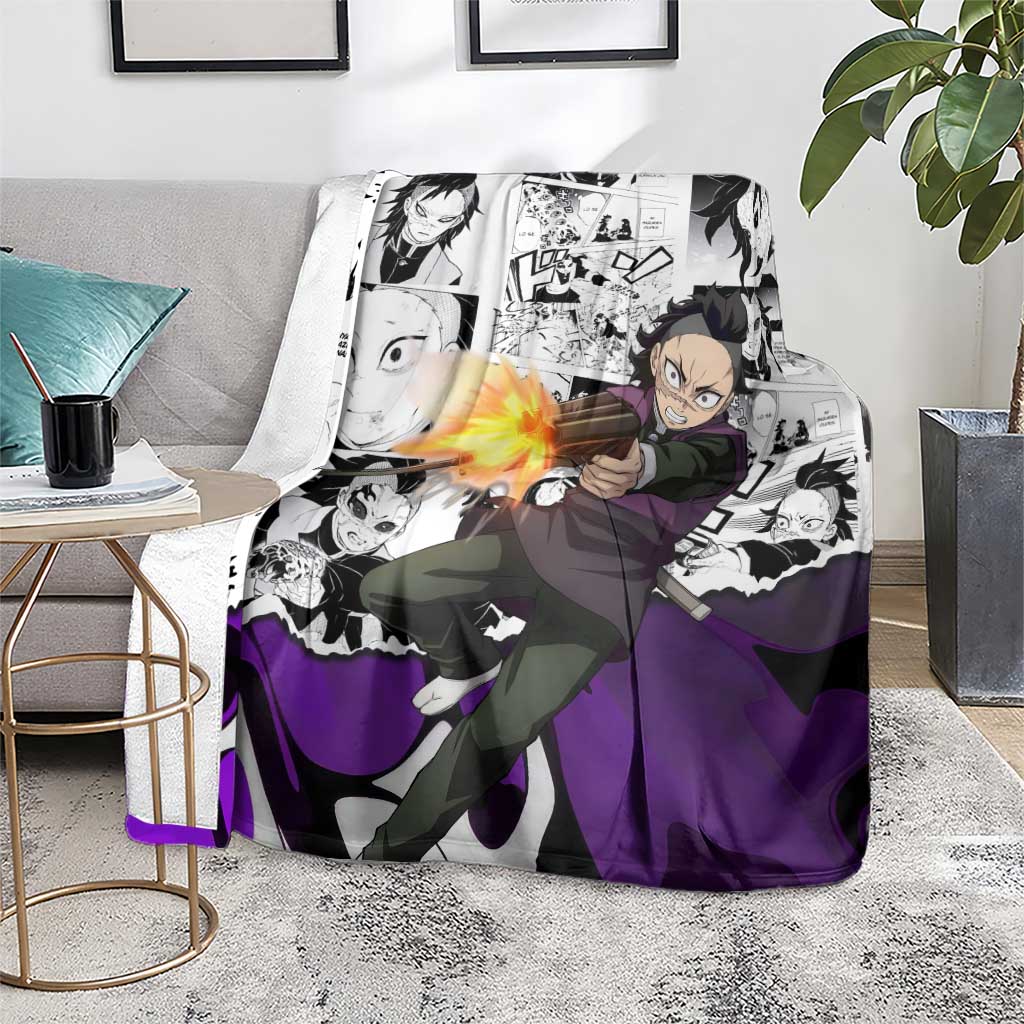 Genya Shinazugawa Demon Slayer Manga Panel Black and White Theme Blanket with Purple Accents and Gun Action Pose - The Mazicc