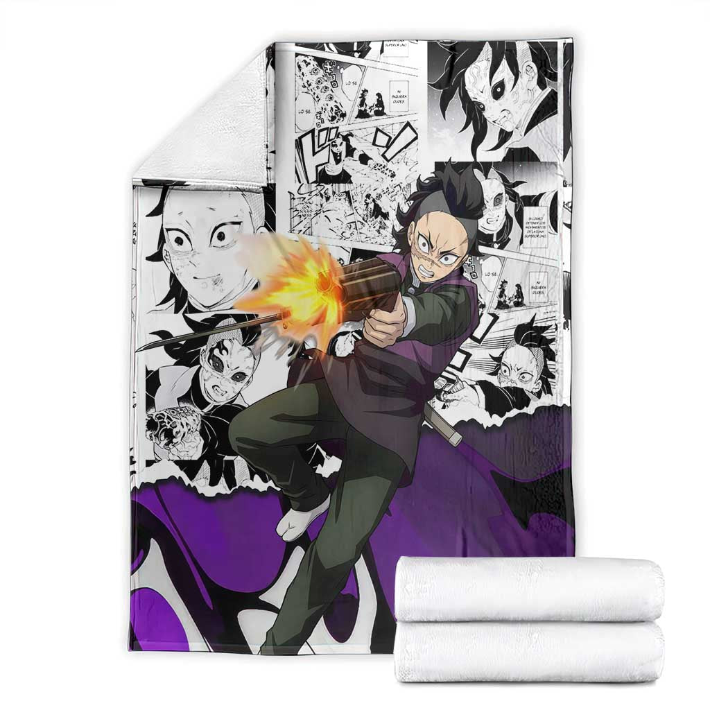 Genya Shinazugawa Demon Slayer Manga Panel Black and White Theme Blanket with Purple Accents and Gun Action Pose - The Mazicc