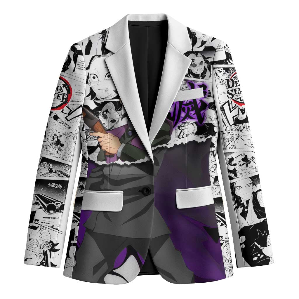 Genya Shinazugawa Demon Slayer Manga Panel Black and White Theme Blazer with Purple Accents and Gun Action Pose - The Mazicc