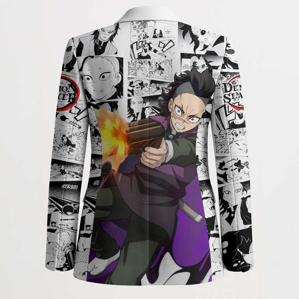Genya Shinazugawa Demon Slayer Manga Panel Black and White Theme Blazer with Purple Accents and Gun Action Pose - The Mazicc