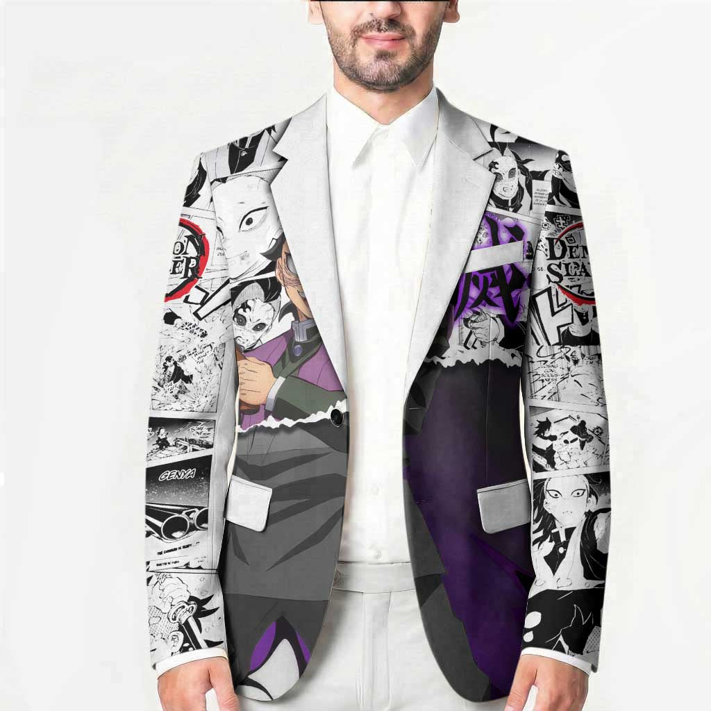 Genya Shinazugawa Demon Slayer Manga Panel Black and White Theme Blazer with Purple Accents and Gun Action Pose - The Mazicc