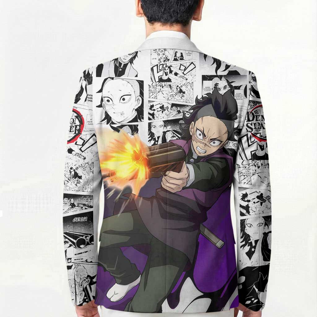 Genya Shinazugawa Demon Slayer Manga Panel Black and White Theme Blazer with Purple Accents and Gun Action Pose - The Mazicc