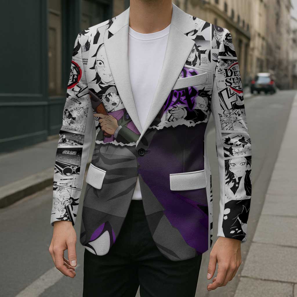 Genya Shinazugawa Demon Slayer Manga Panel Black and White Theme Blazer with Purple Accents and Gun Action Pose - The Mazicc