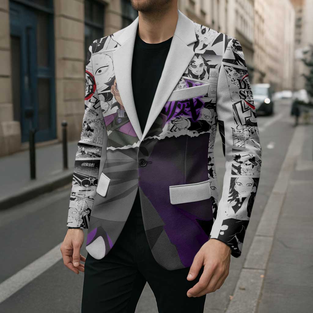 Genya Shinazugawa Demon Slayer Manga Panel Black and White Theme Blazer with Purple Accents and Gun Action Pose - The Mazicc