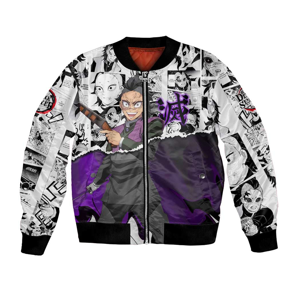 Genya Shinazugawa Demon Slayer Manga Panel Black and White Theme Bomber Jacket with Purple Accents and Gun Action Pose - The Mazicc