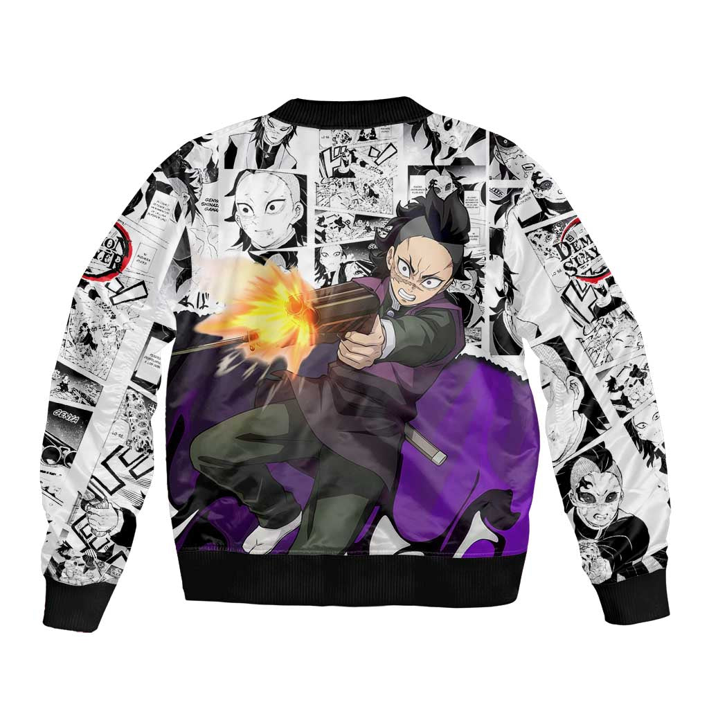 Genya Shinazugawa Demon Slayer Manga Panel Black and White Theme Bomber Jacket with Purple Accents and Gun Action Pose - The Mazicc