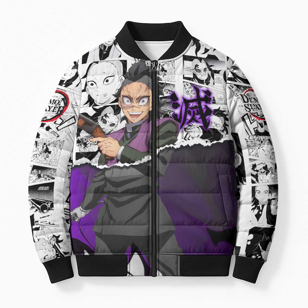 Genya Shinazugawa Demon Slayer Manga Panel Black and White Theme Bomber Puffer Jacket with Purple Accents and Gun Action Pose - The Mazicc