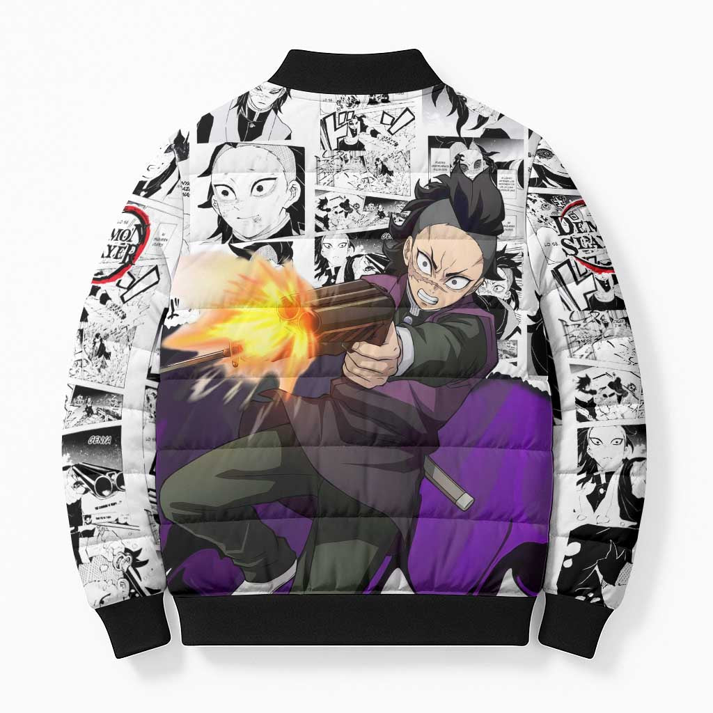 Genya Shinazugawa Demon Slayer Manga Panel Black and White Theme Bomber Puffer Jacket with Purple Accents and Gun Action Pose - The Mazicc