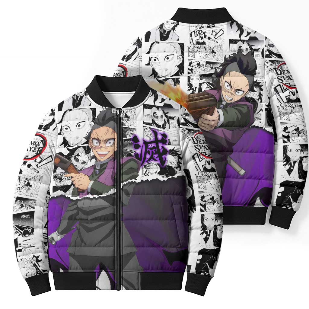 Genya Shinazugawa Demon Slayer Manga Panel Black and White Theme Bomber Puffer Jacket with Purple Accents and Gun Action Pose - The Mazicc
