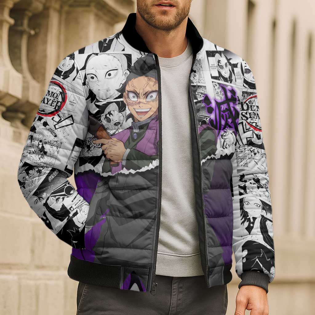 Genya Shinazugawa Demon Slayer Manga Panel Black and White Theme Bomber Puffer Jacket with Purple Accents and Gun Action Pose - The Mazicc