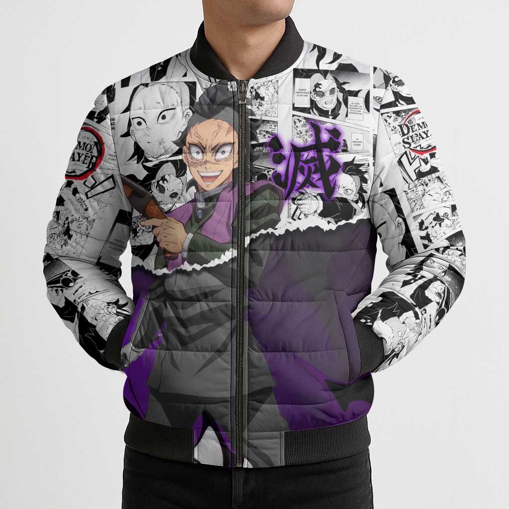 Genya Shinazugawa Demon Slayer Manga Panel Black and White Theme Bomber Puffer Jacket with Purple Accents and Gun Action Pose - The Mazicc