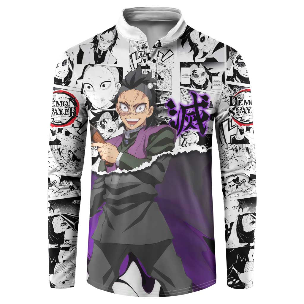 Genya Shinazugawa Demon Slayer Manga Panel Black and White Theme Button Sweatshirt with Purple Accents and Gun Action Pose - The Mazicc