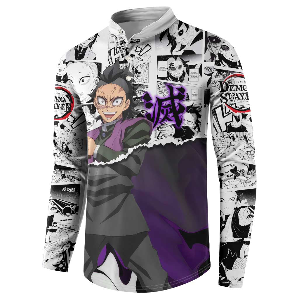 Genya Shinazugawa Demon Slayer Manga Panel Black and White Theme Button Sweatshirt with Purple Accents and Gun Action Pose - The Mazicc