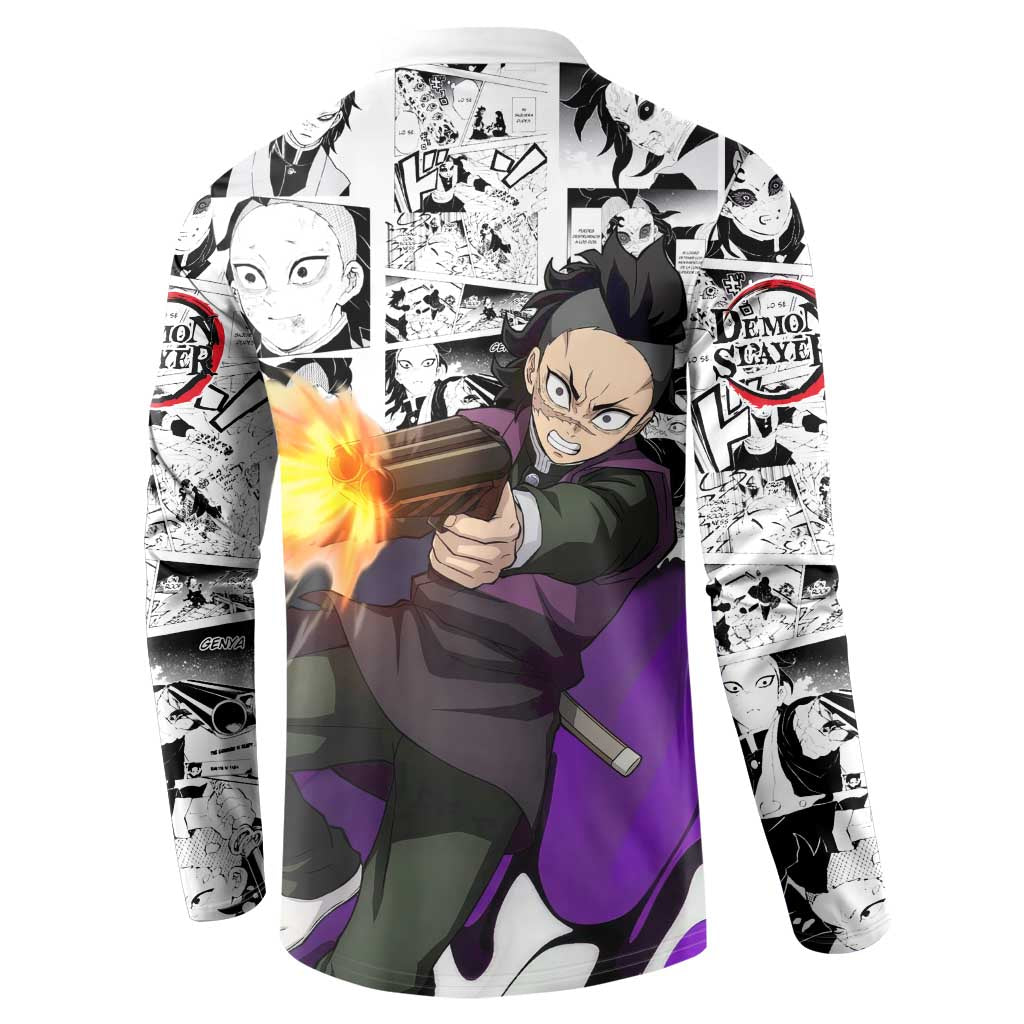 Genya Shinazugawa Demon Slayer Manga Panel Black and White Theme Button Sweatshirt with Purple Accents and Gun Action Pose - The Mazicc