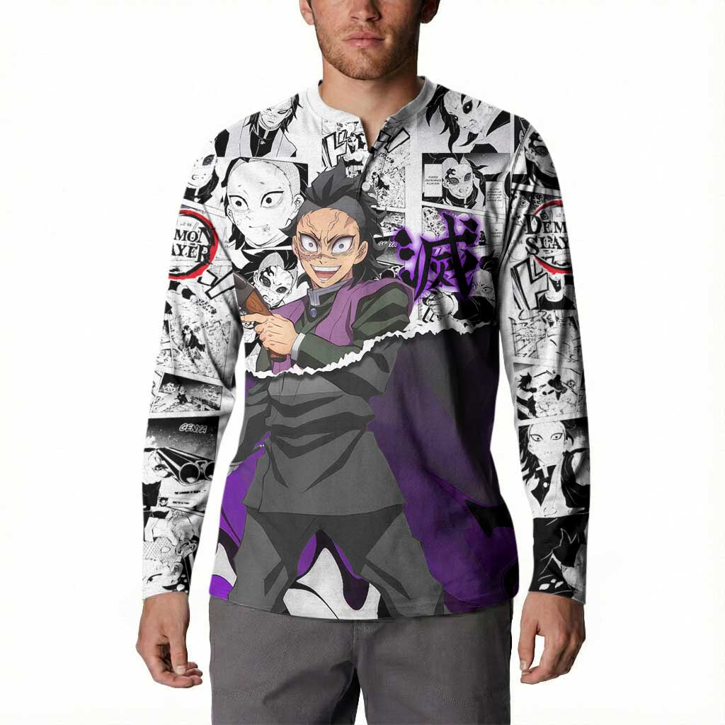 Genya Shinazugawa Demon Slayer Manga Panel Black and White Theme Button Sweatshirt with Purple Accents and Gun Action Pose - The Mazicc