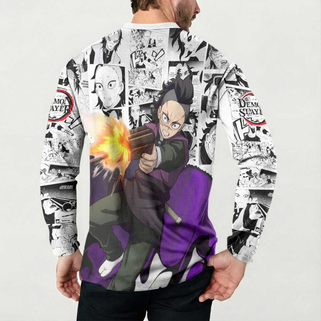 Genya Shinazugawa Demon Slayer Manga Panel Black and White Theme Button Sweatshirt with Purple Accents and Gun Action Pose - The Mazicc
