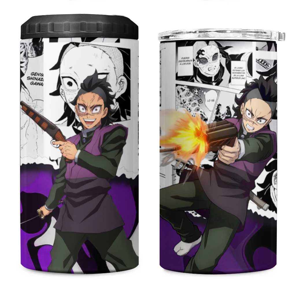 Genya Shinazugawa Demon Slayer Manga Panel Black and White Theme 4 in 1 Can Cooler Tumbler with Purple Accents and Gun Action Pose - The Mazicc