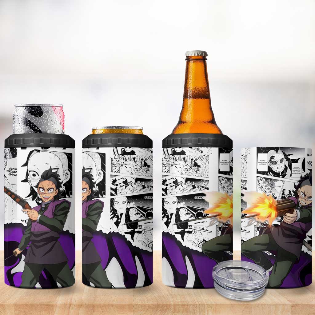 Genya Shinazugawa Demon Slayer Manga Panel Black and White Theme 4 in 1 Can Cooler Tumbler with Purple Accents and Gun Action Pose - The Mazicc