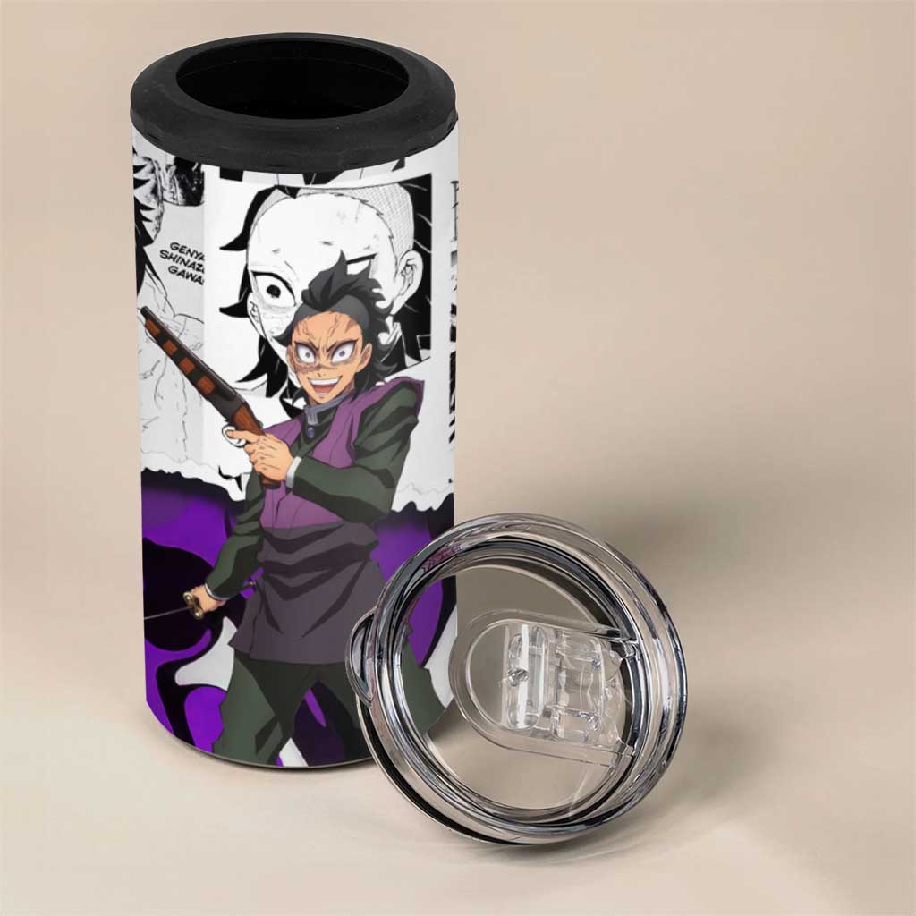 Genya Shinazugawa Demon Slayer Manga Panel Black and White Theme 4 in 1 Can Cooler Tumbler with Purple Accents and Gun Action Pose - The Mazicc