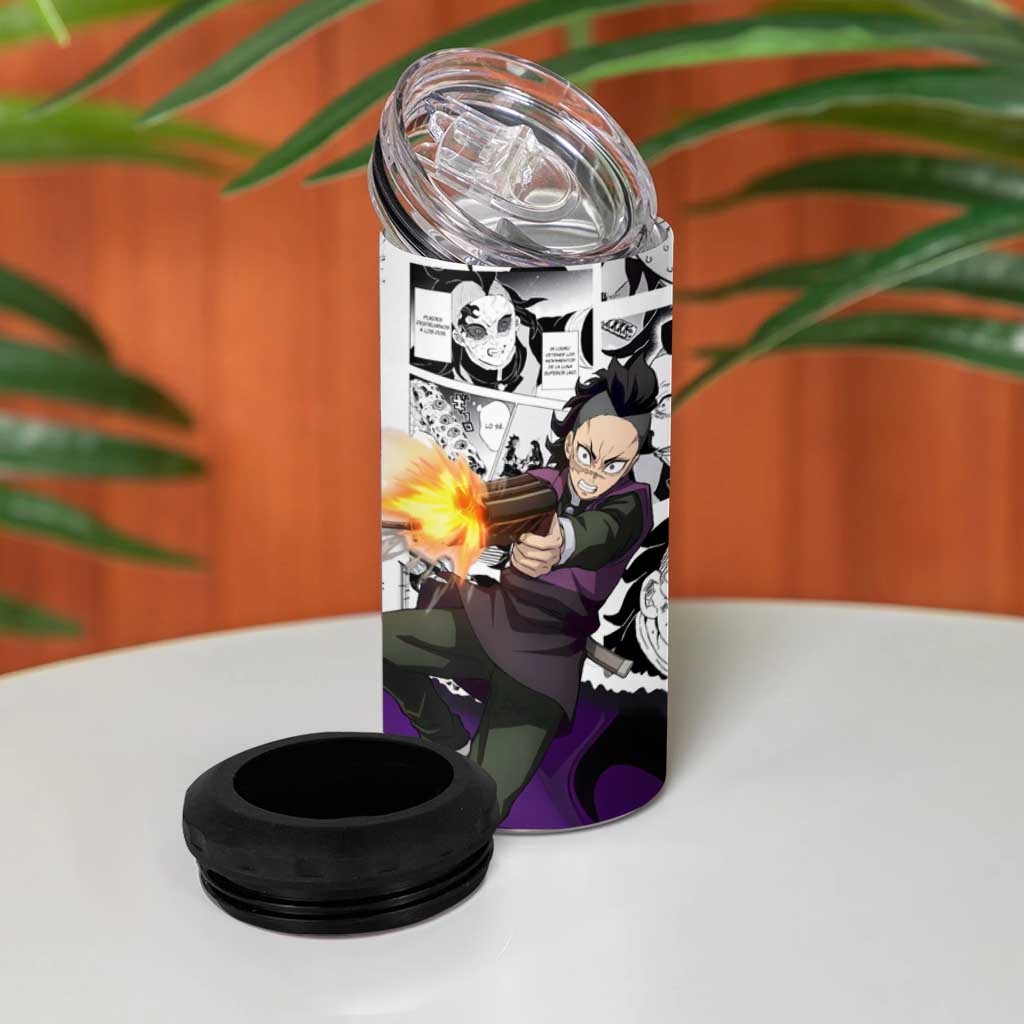Genya Shinazugawa Demon Slayer Manga Panel Black and White Theme 4 in 1 Can Cooler Tumbler with Purple Accents and Gun Action Pose - The Mazicc