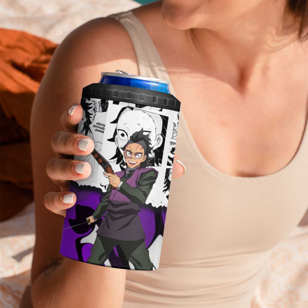 Genya Shinazugawa Demon Slayer Manga Panel Black and White Theme 4 in 1 Can Cooler Tumbler with Purple Accents and Gun Action Pose - The Mazicc