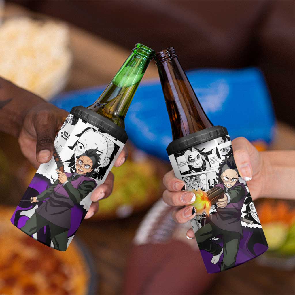 Genya Shinazugawa Demon Slayer Manga Panel Black and White Theme 4 in 1 Can Cooler Tumbler with Purple Accents and Gun Action Pose - The Mazicc