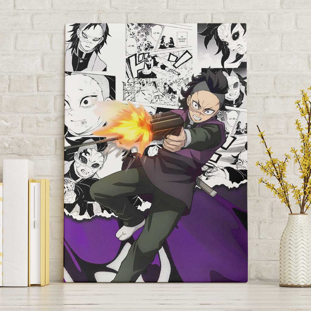 Genya Shinazugawa Demon Slayer Manga Panel Black and White Theme Canvas Wall Art with Purple Accents and Gun Action Pose - The Mazicc