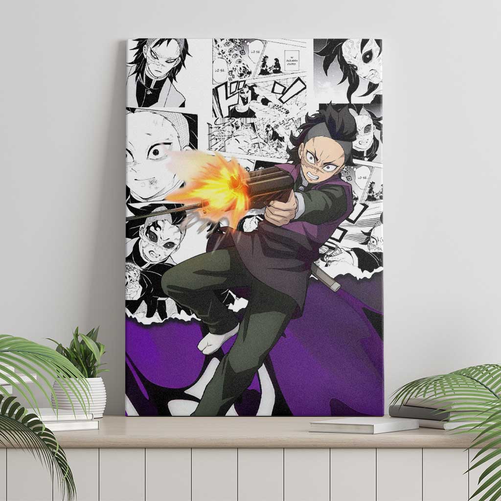 Genya Shinazugawa Demon Slayer Manga Panel Black and White Theme Canvas Wall Art with Purple Accents and Gun Action Pose - The Mazicc