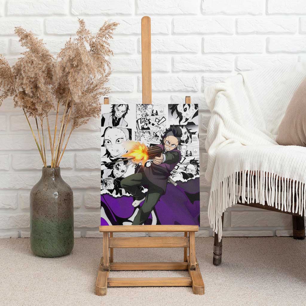 Genya Shinazugawa Demon Slayer Manga Panel Black and White Theme Canvas Wall Art with Purple Accents and Gun Action Pose - The Mazicc