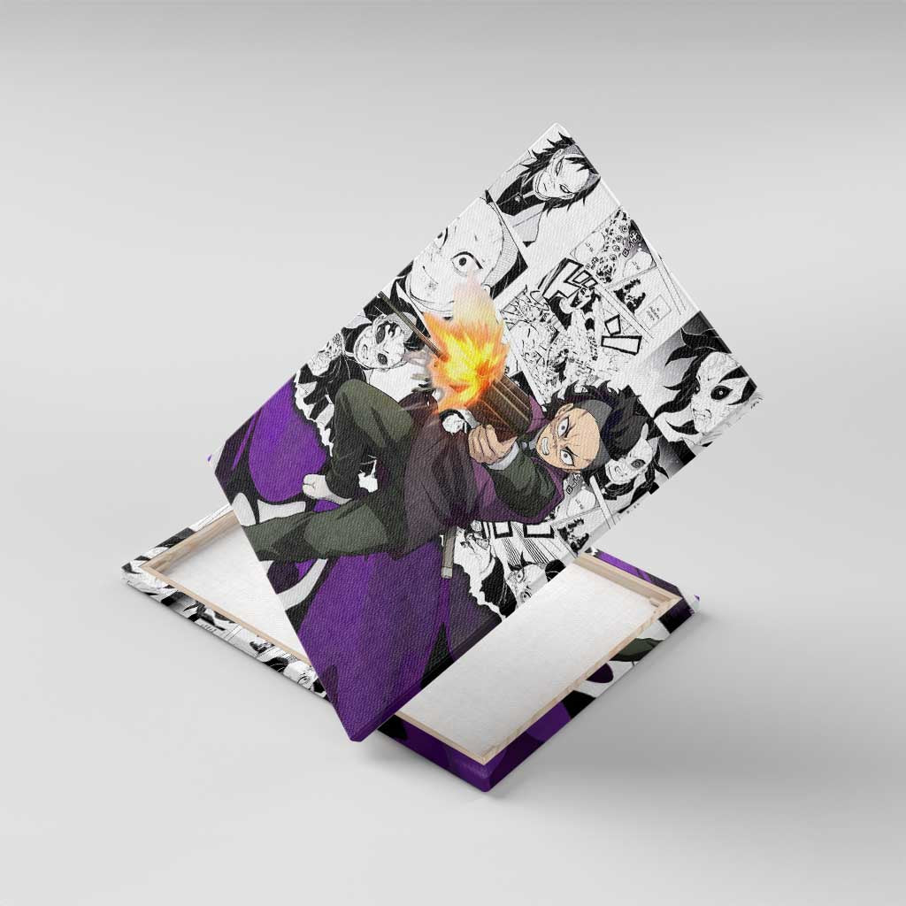 Genya Shinazugawa Demon Slayer Manga Panel Black and White Theme Canvas Wall Art with Purple Accents and Gun Action Pose - The Mazicc