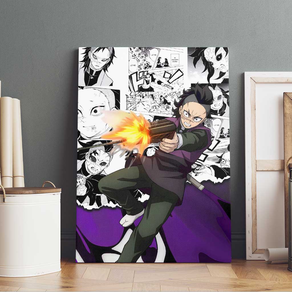 Genya Shinazugawa Demon Slayer Manga Panel Black and White Theme Canvas Wall Art with Purple Accents and Gun Action Pose - The Mazicc