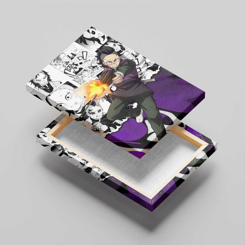 Genya Shinazugawa Demon Slayer Manga Panel Black and White Theme Canvas Wall Art with Purple Accents and Gun Action Pose - The Mazicc