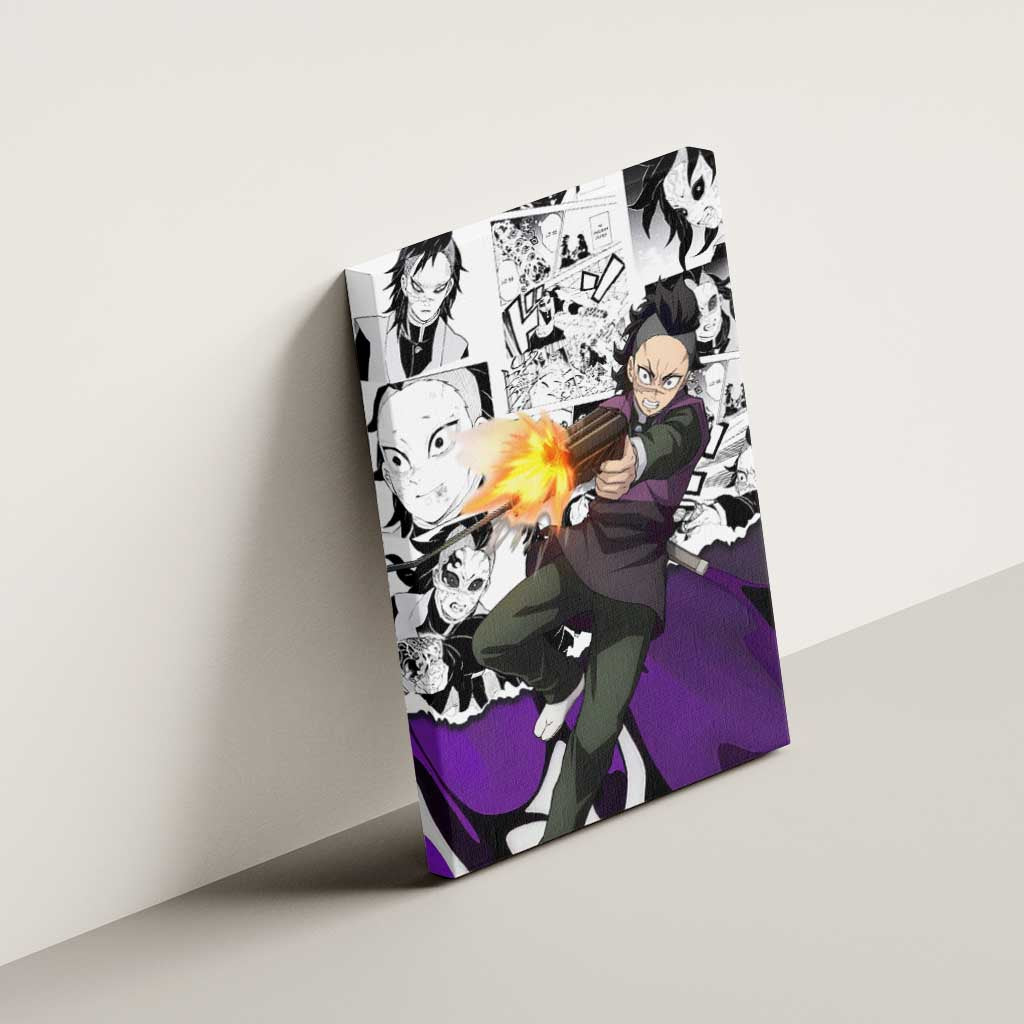 Genya Shinazugawa Demon Slayer Manga Panel Black and White Theme Canvas Wall Art with Purple Accents and Gun Action Pose - The Mazicc