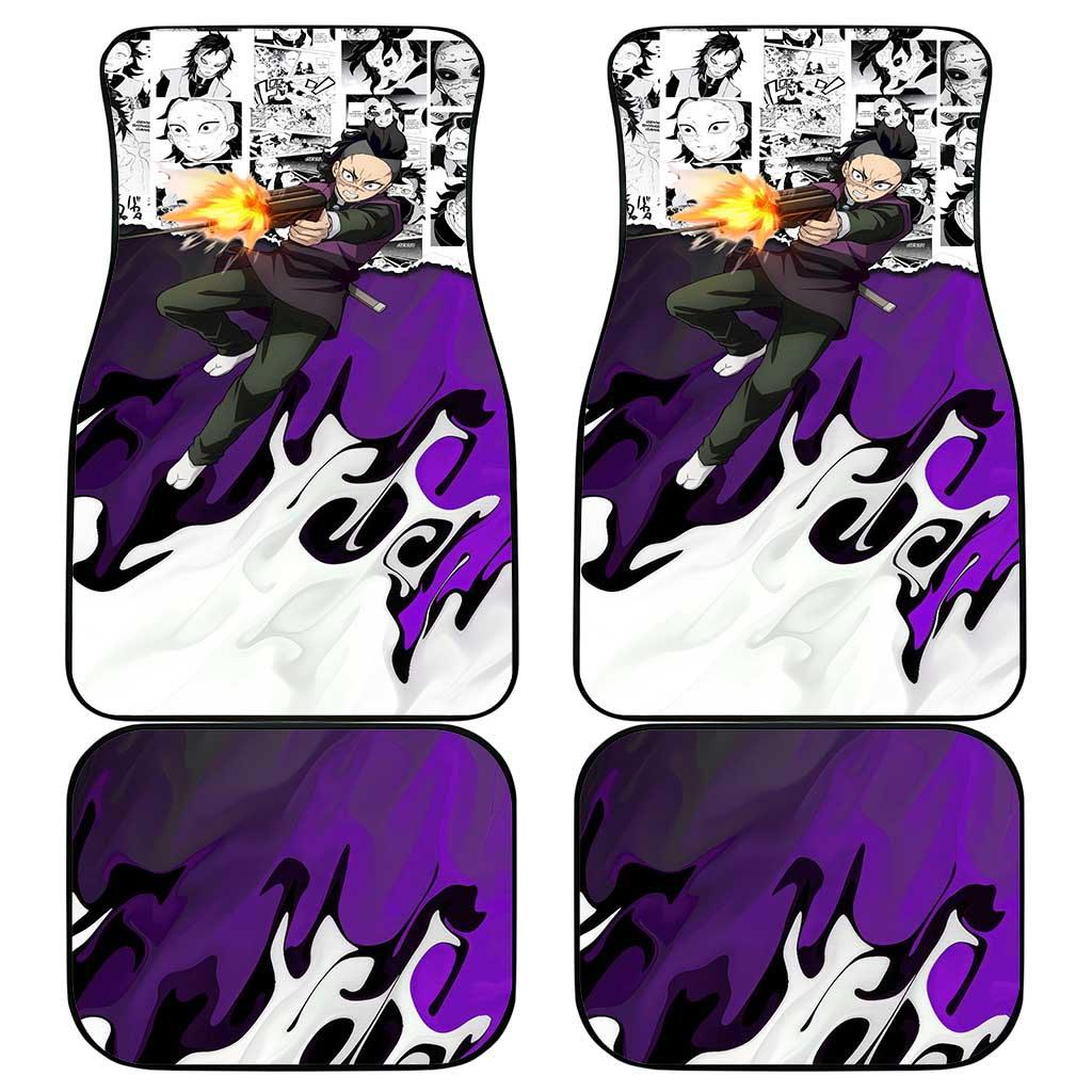 Genya Shinazugawa Demon Slayer Manga Panel Black and White Theme Car Mats with Purple Accents and Gun Action Pose - The Mazicc