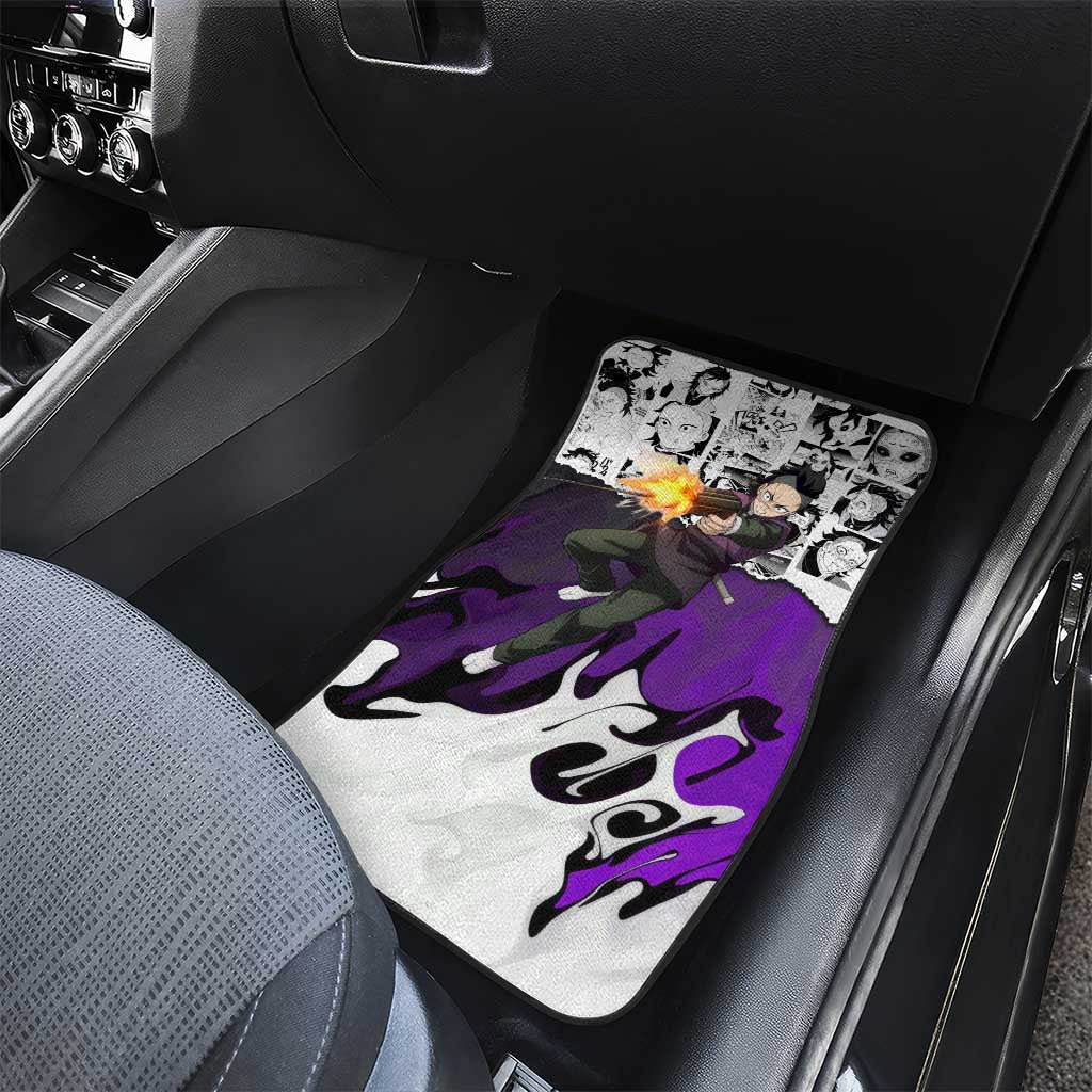 Genya Shinazugawa Demon Slayer Manga Panel Black and White Theme Car Mats with Purple Accents and Gun Action Pose - The Mazicc