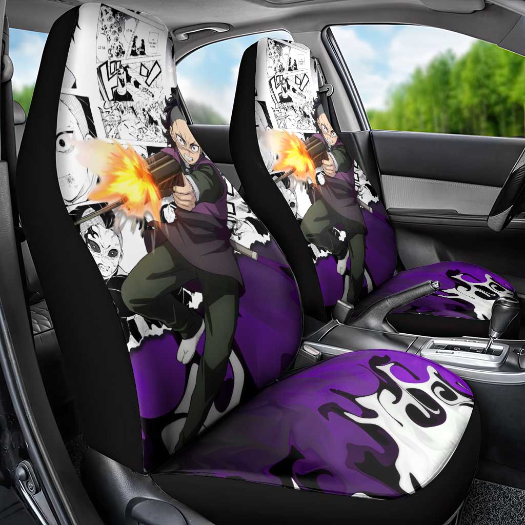 Genya Shinazugawa Demon Slayer Manga Panel Black and White Theme Car Seat Cover with Purple Accents and Gun Action Pose - The Mazicc