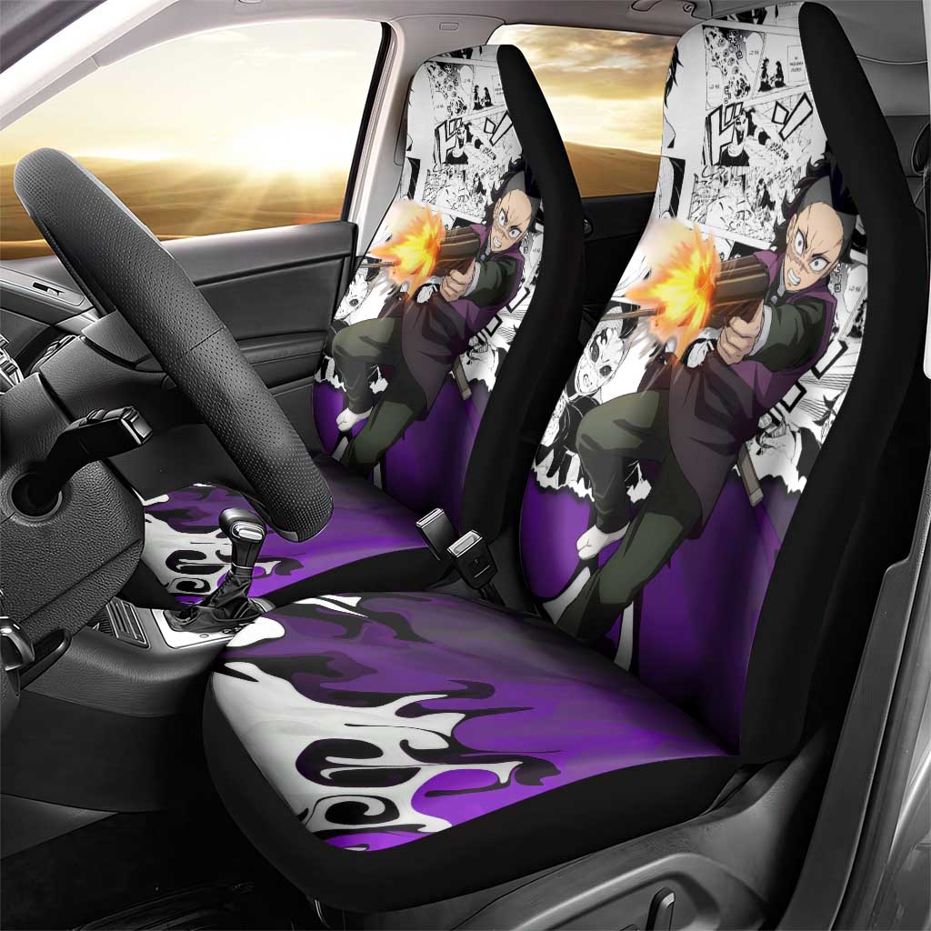 Genya Shinazugawa Demon Slayer Manga Panel Black and White Theme Car Seat Cover with Purple Accents and Gun Action Pose - The Mazicc