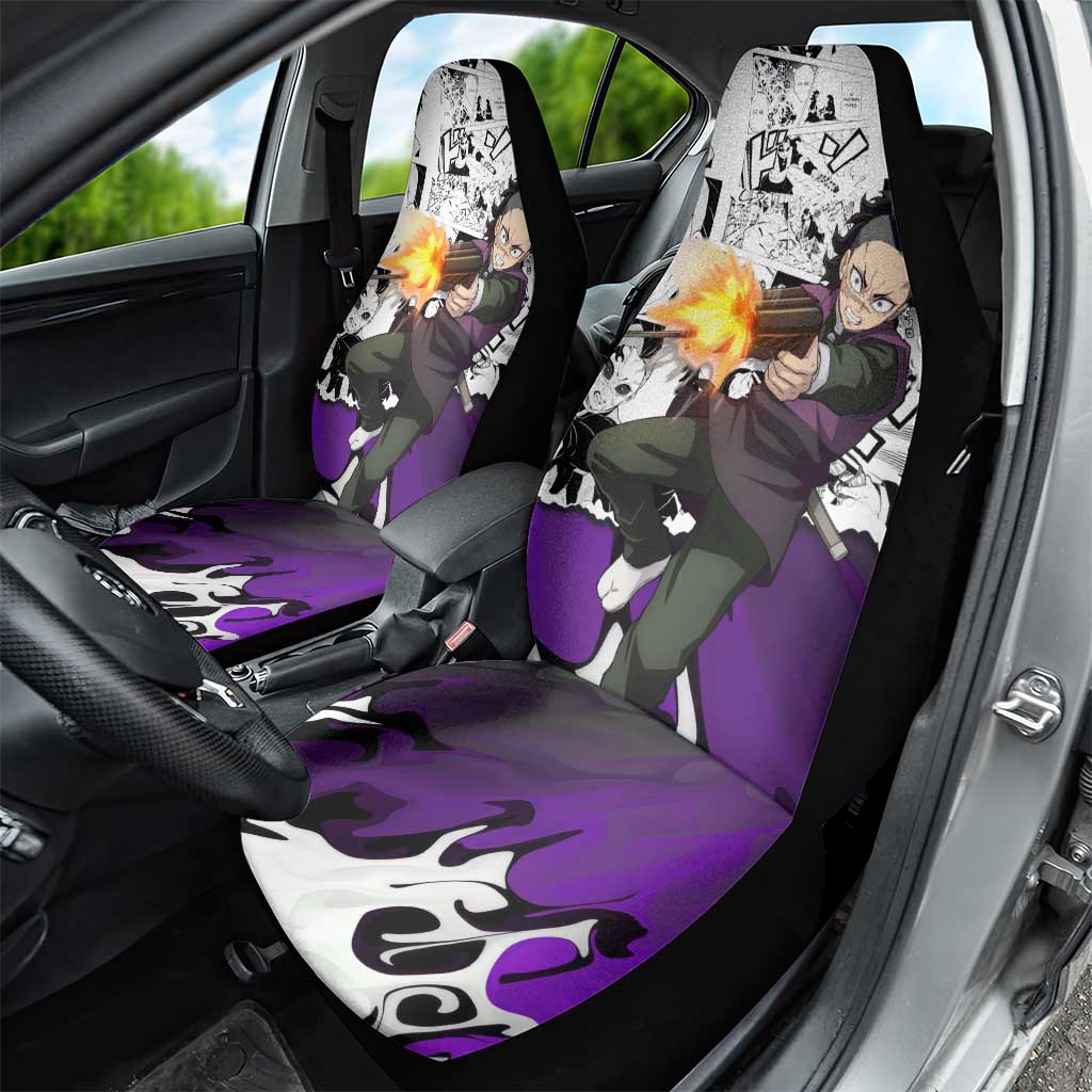 Genya Shinazugawa Demon Slayer Manga Panel Black and White Theme Car Seat Cover with Purple Accents and Gun Action Pose - The Mazicc