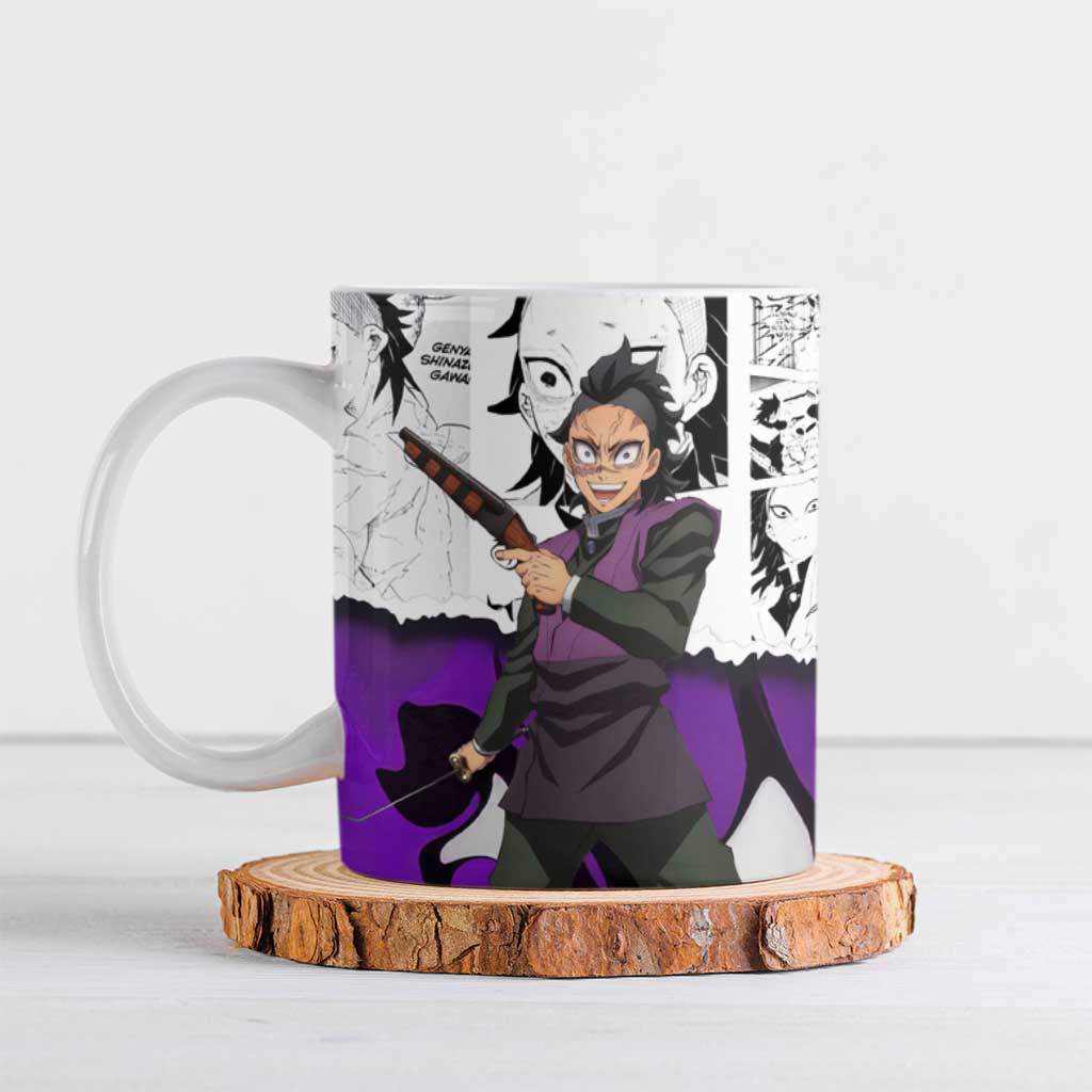 Genya Shinazugawa Demon Slayer Manga Panel Black and White Theme Ceramic Mug with Purple Accents and Gun Action Pose - The Mazicc