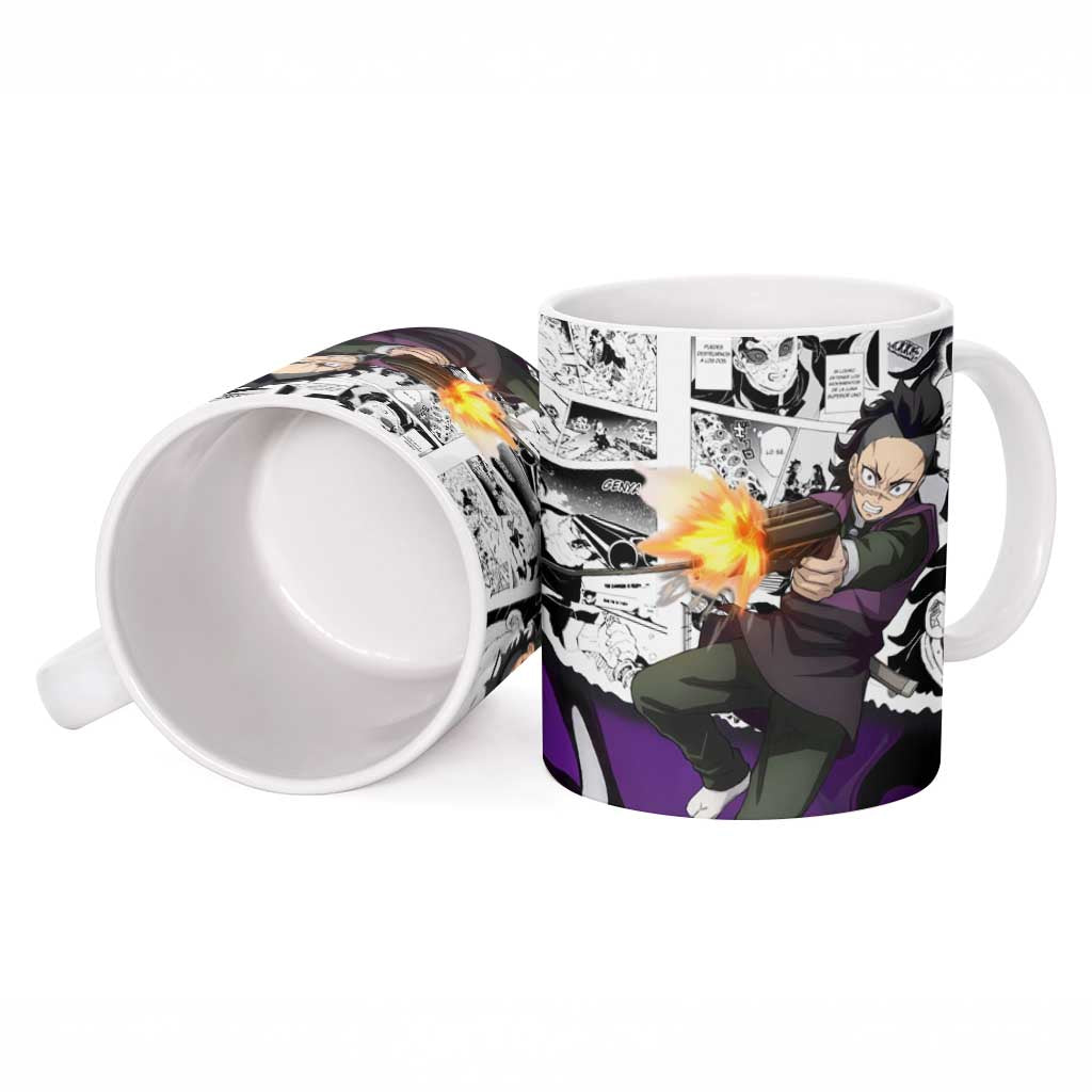 Genya Shinazugawa Demon Slayer Manga Panel Black and White Theme Ceramic Mug with Purple Accents and Gun Action Pose - The Mazicc
