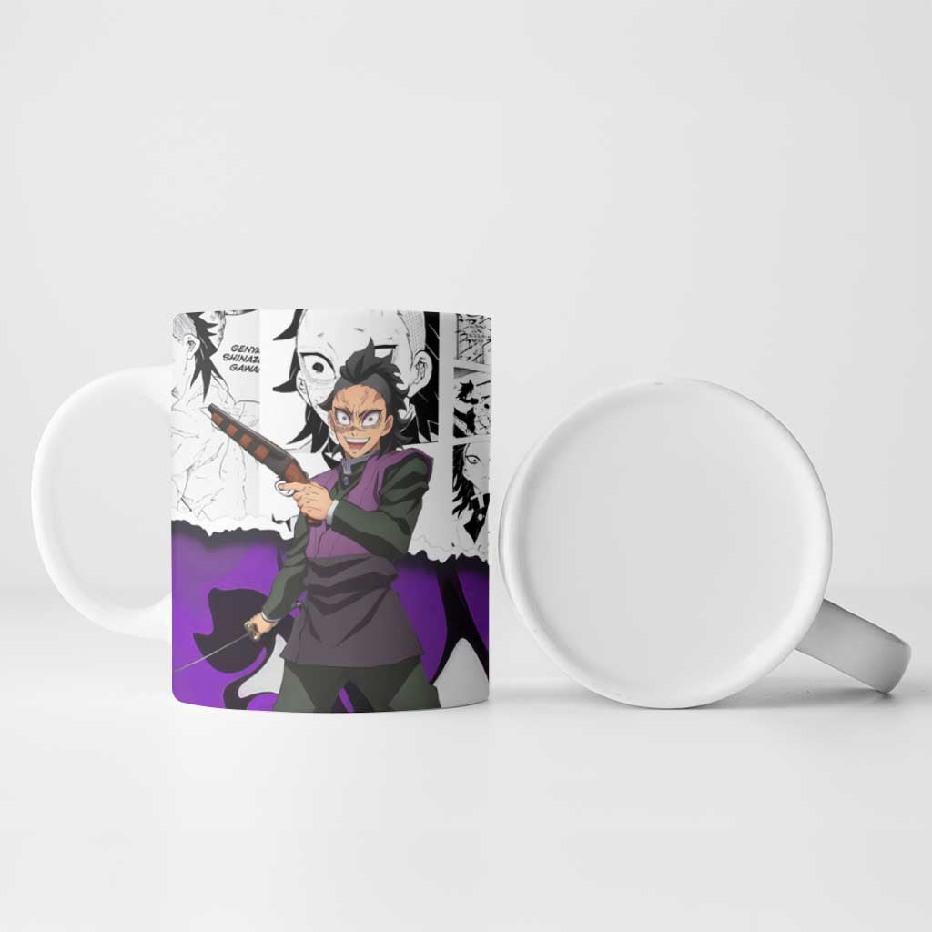 Genya Shinazugawa Demon Slayer Manga Panel Black and White Theme Ceramic Mug with Purple Accents and Gun Action Pose - The Mazicc
