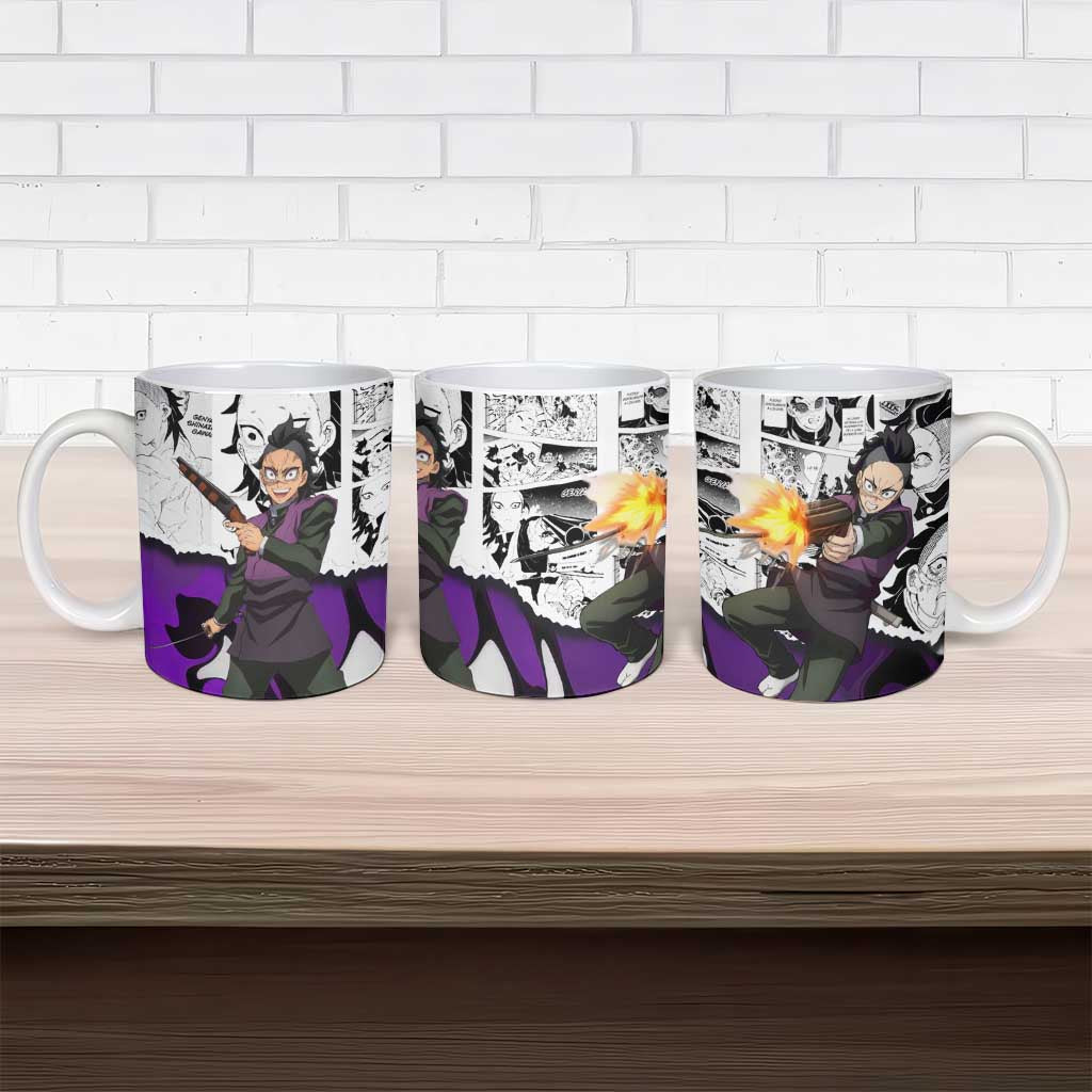 Genya Shinazugawa Demon Slayer Manga Panel Black and White Theme Ceramic Mug with Purple Accents and Gun Action Pose - The Mazicc