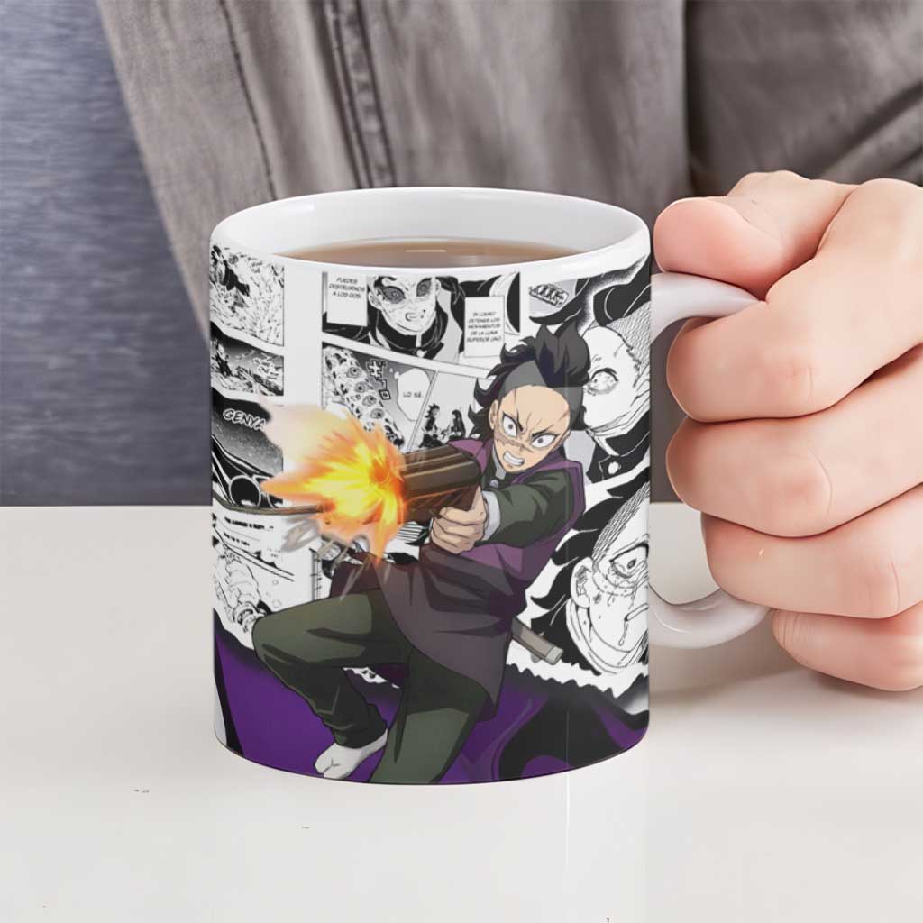 Genya Shinazugawa Demon Slayer Manga Panel Black and White Theme Ceramic Mug with Purple Accents and Gun Action Pose - The Mazicc