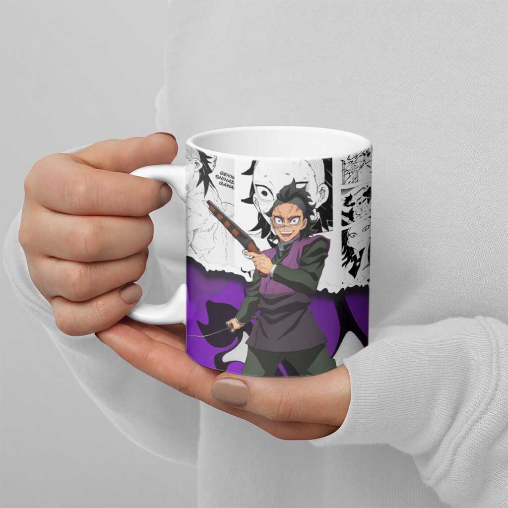 Genya Shinazugawa Demon Slayer Manga Panel Black and White Theme Ceramic Mug with Purple Accents and Gun Action Pose - The Mazicc