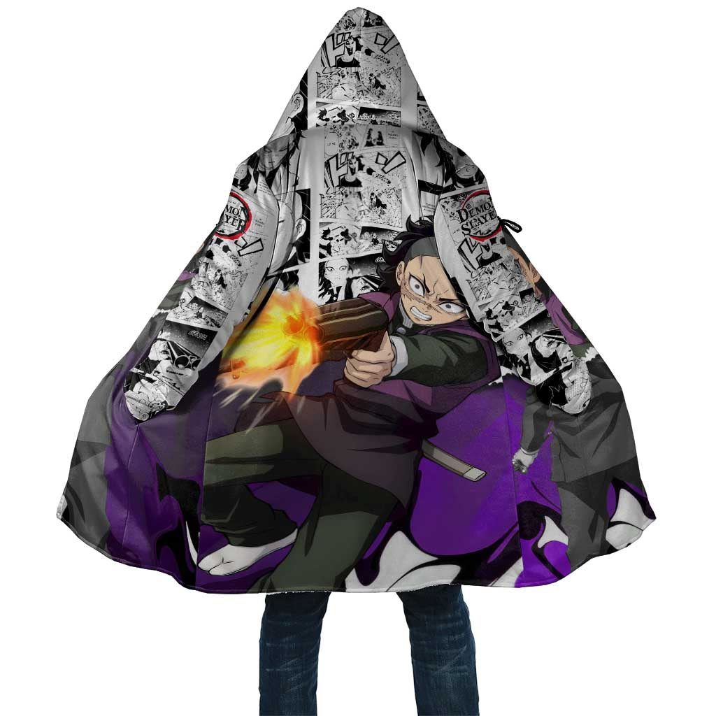 Genya Shinazugawa Demon Slayer Manga Panel Black and White Theme Cloak with Purple Accents and Gun Action Pose - The Mazicc