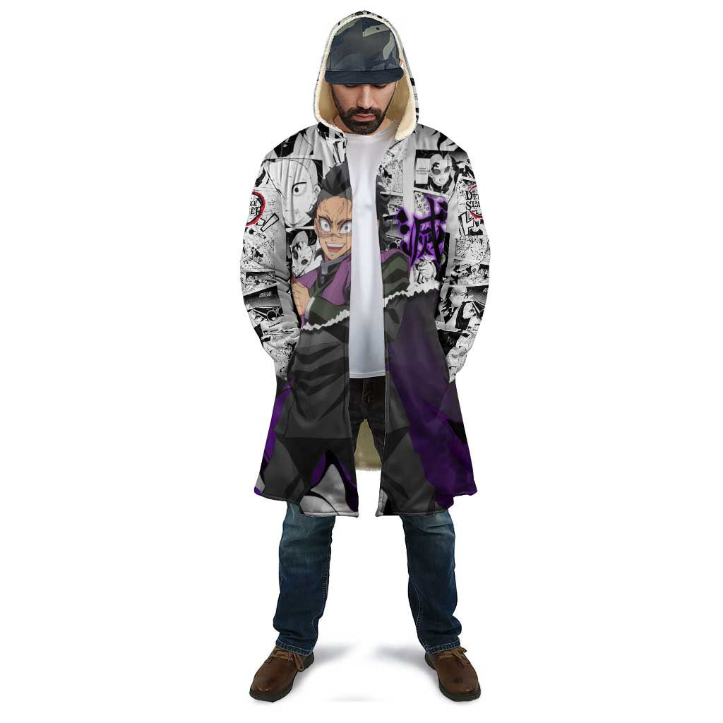 Genya Shinazugawa Demon Slayer Manga Panel Black and White Theme Cloak with Purple Accents and Gun Action Pose - The Mazicc