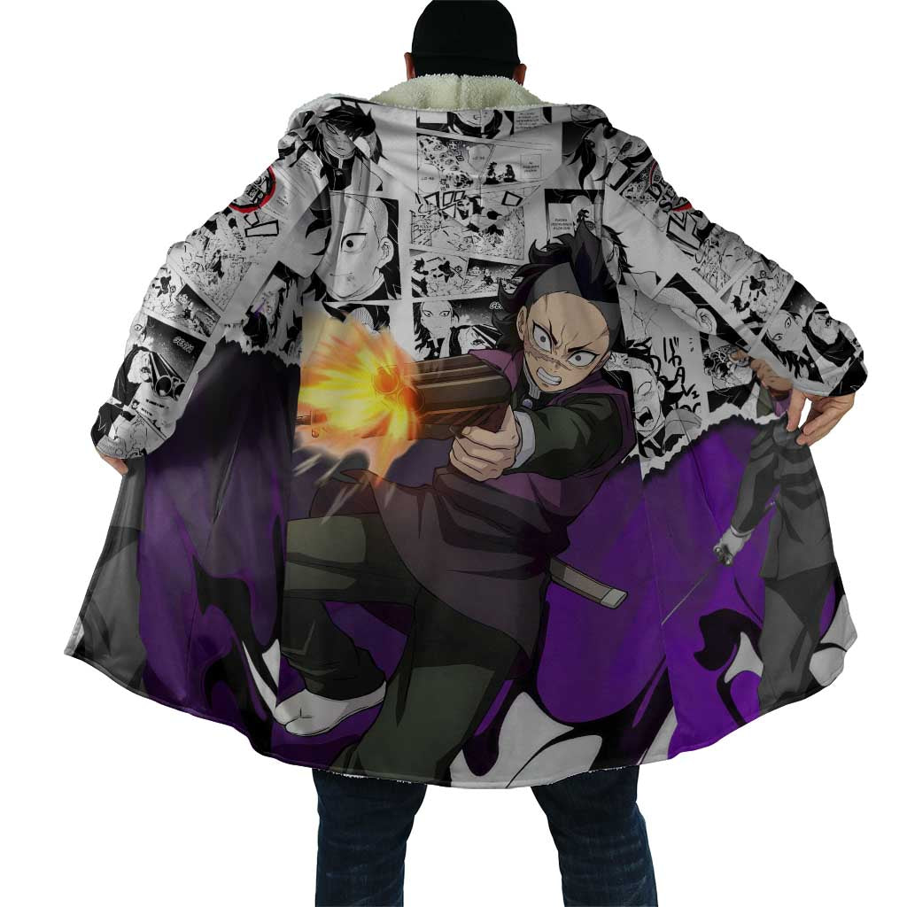 Genya Shinazugawa Demon Slayer Manga Panel Black and White Theme Cloak with Purple Accents and Gun Action Pose - The Mazicc