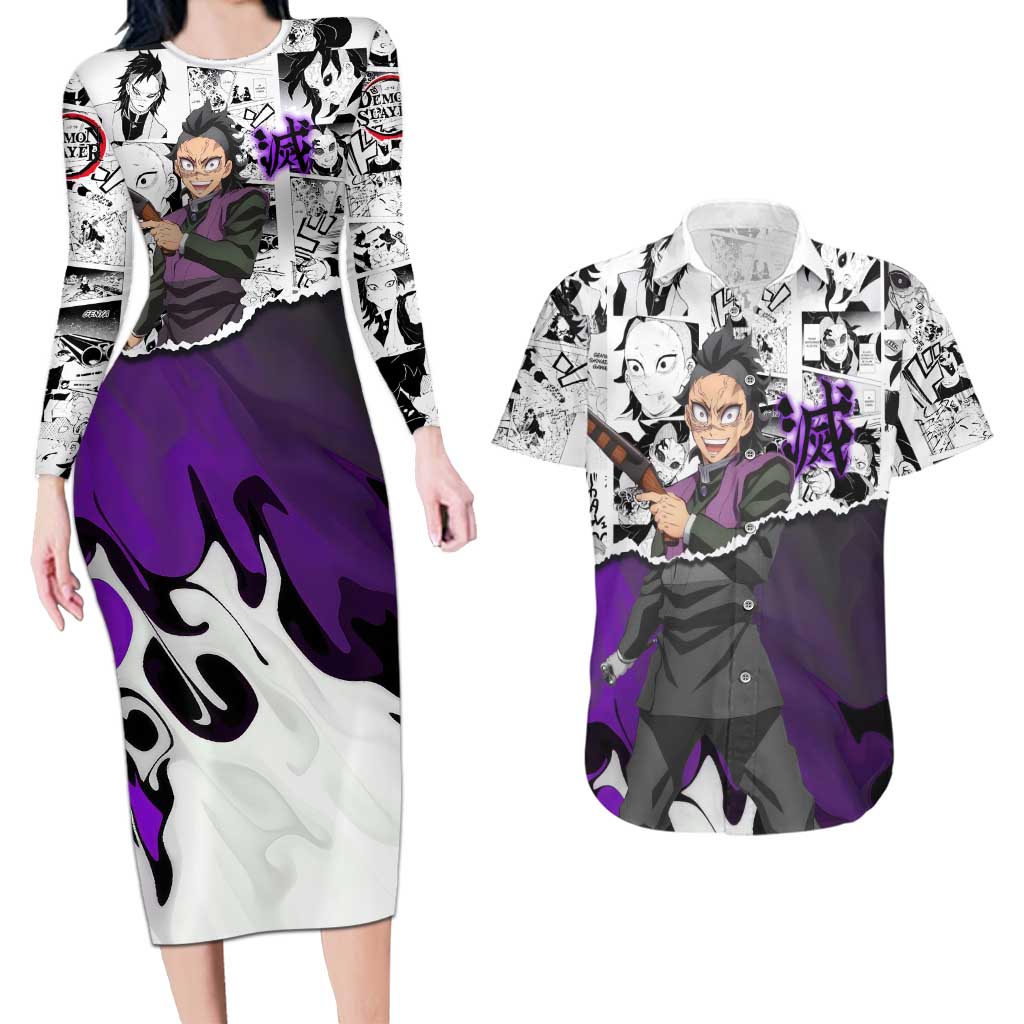 Genya Shinazugawa Demon Slayer Manga Panel Black and White Theme Couples Matching Long Sleeve Bodycon Dress and Hawaiian Shirt with Purple Accents and Gun Action Pose - The Mazicc