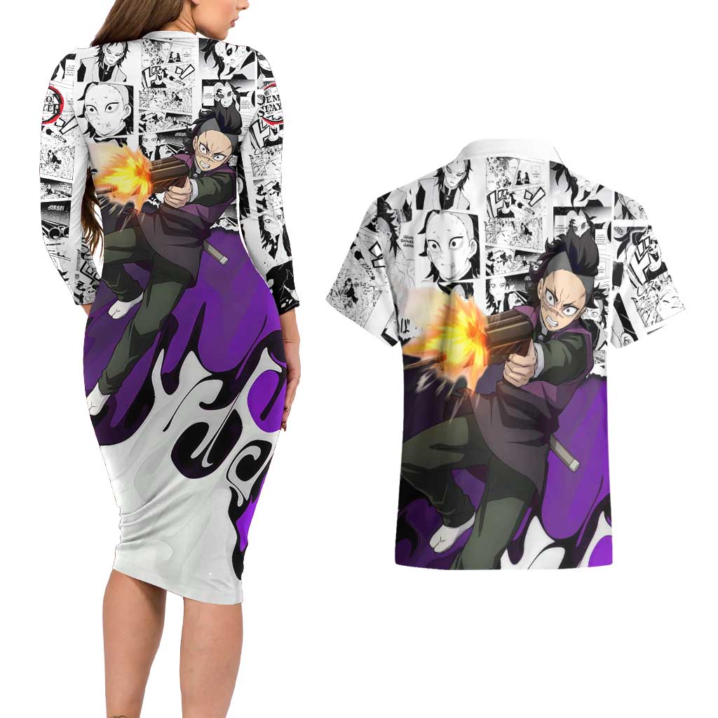 Genya Shinazugawa Demon Slayer Manga Panel Black and White Theme Couples Matching Long Sleeve Bodycon Dress and Hawaiian Shirt with Purple Accents and Gun Action Pose - The Mazicc